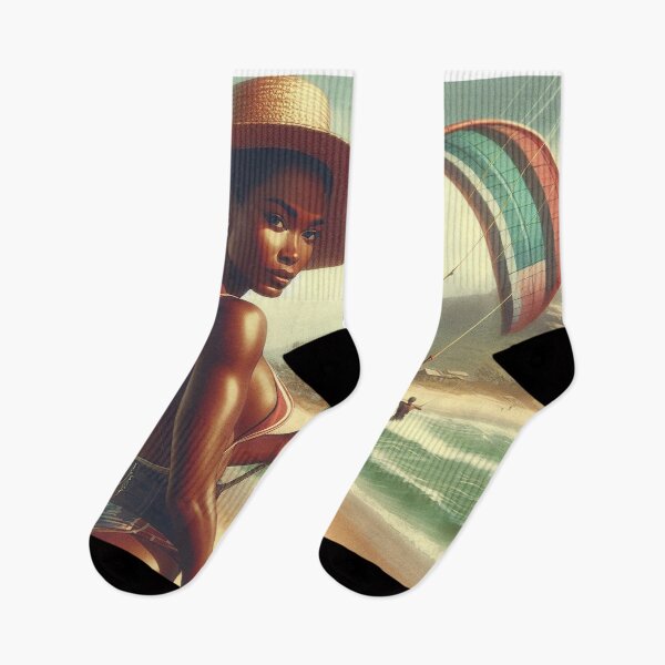 Item preview, 1950s vintage woman on beach, kite surfer t shirt, vintage sticker art, beach scene designed and sold by KreativeSouls.