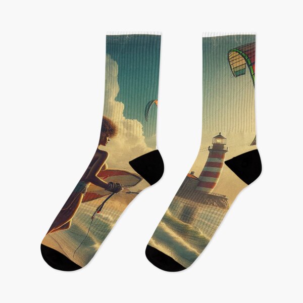 Item preview, 1950s vintage woman on beach, lighthouse, kite surfer t shirt, vintage sticker art, beach scene designed and sold by KreativeSouls.