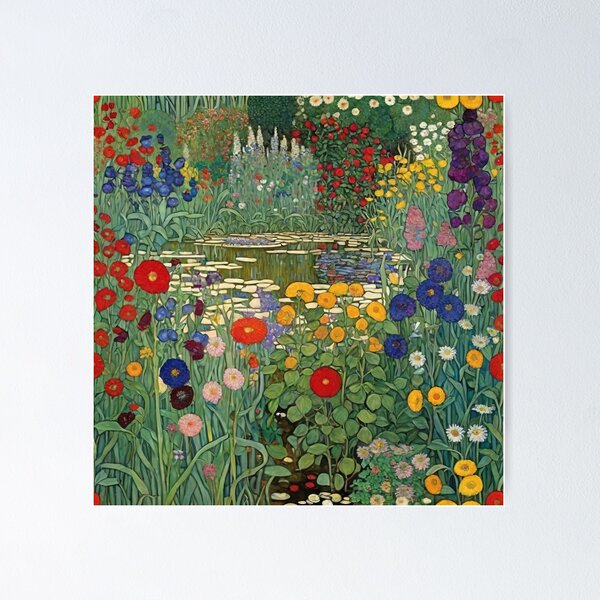 Aperçu de l'œuvre Étang de jardin fleuri Klimt créée et vendue par maniacfitness.