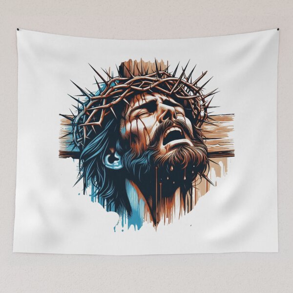 Item preview, " Jesus, wearing a crown of thorns on the cross, cries out loudly once again, and his soul departs." designed and sold by PaintMeWorld.