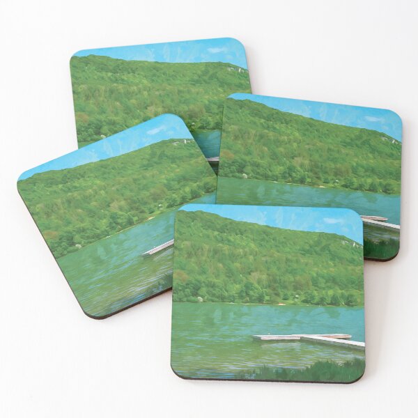 Item preview, Jetty at a lake surrounded by dense forest in watercolor designed and sold by Intermundium.