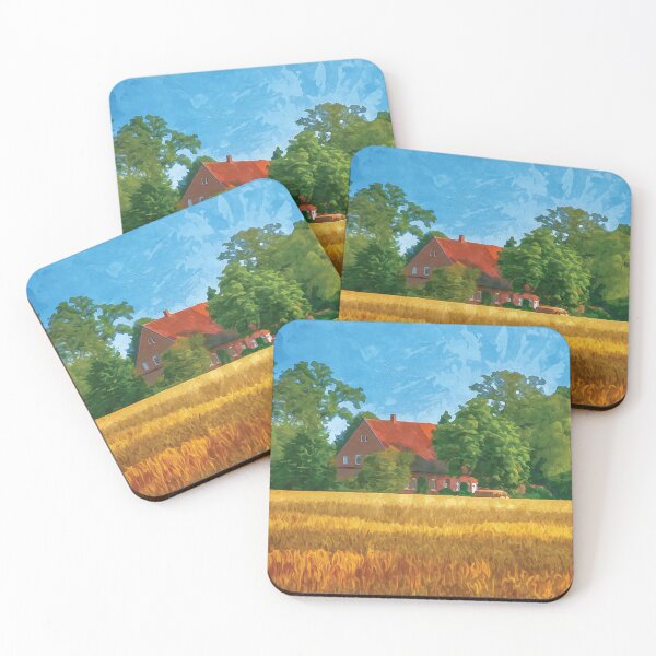 Item preview, Old farmhouse with golden yellow wheat field in watercolor designed and sold by Intermundium.