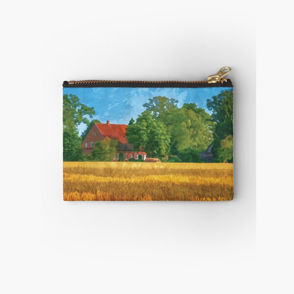 Item preview, Old farmhouse with golden yellow wheat field in watercolor designed and sold by Intermundium.