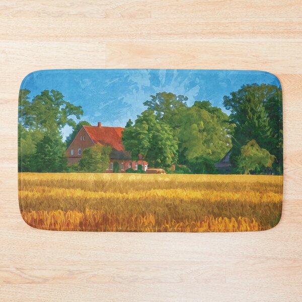 Item preview, Old farmhouse with golden yellow wheat field in watercolor designed and sold by Intermundium.