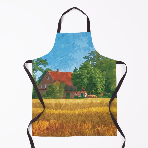 Item preview, Old farmhouse with golden yellow wheat field in watercolor designed and sold by Intermundium.