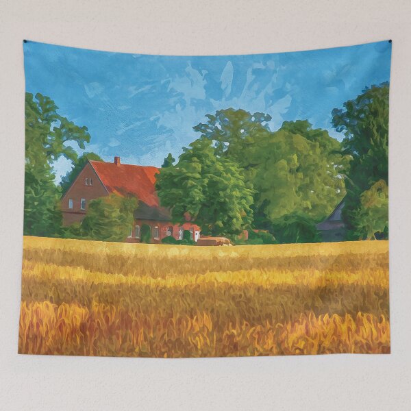 Item preview, Old farmhouse with golden yellow wheat field in watercolor designed and sold by Intermundium.