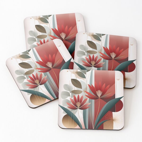 Item preview, Mid Century Botanical Retro Geometric Leaves  Florals Red, Green  designed and sold by Prints and Lifestyle.