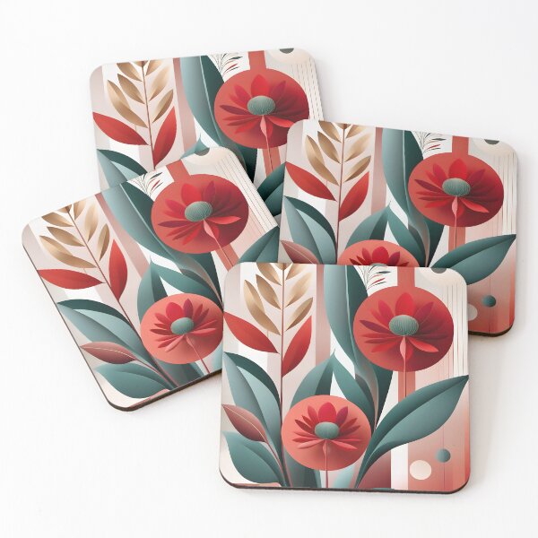 Item preview, Mid Century Botanical Retro Geometric Leaves  Florals  Red, Green  designed and sold by Prints and Lifestyle.