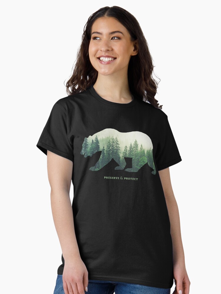 Thumbnail 1 of 7, Classic T-Shirt, Preserve & Protect Nature Double Exposure Bear Silhouette Trees Forest Save the Environment Climate Change Wilderness Hiking Camping designed and sold by la-nynx.
