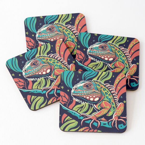 Item preview, Iguana. Depicted in a bright neon color scheme with thick black outlines, reminiscent of a folk decorative art style.  designed and sold by MagelliShop.