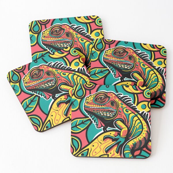 Item preview, Iguana. Depicted in a bright neon color scheme with thick black outlines, reminiscent of a folk decorative art style. designed and sold by MagelliShop.