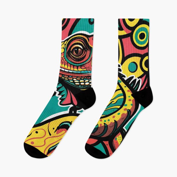 Artikelvorschau, Leguan. Dargestellt in einem hellen Neonfarbschema mit dicken schwarzen Umrissen, das an einen volkstümlichen dekorativen Kunststil erinnert. entworfen und verkauft von MagelliShop.