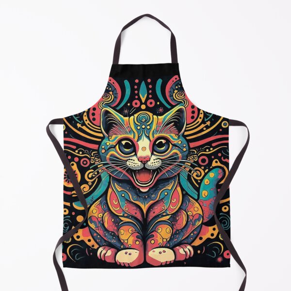 Item preview, cat with large round eyes and a wide smile, depicted in a bright neon color scheme with thick black outlines, reminiscent of a folk decorative art style. designed and sold by MagelliShop.