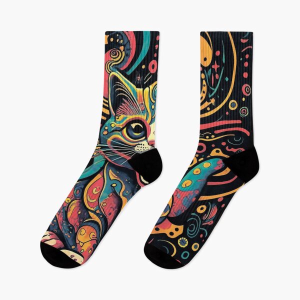 Item preview, cat with large round eyes and a wide smile, depicted in a bright neon color scheme with thick black outlines, reminiscent of a folk decorative art style. designed and sold by MagelliShop.