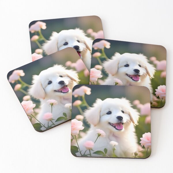 Item preview, A beautiful smiling white puppy with flowers in the background designed and sold by Wilson2024.