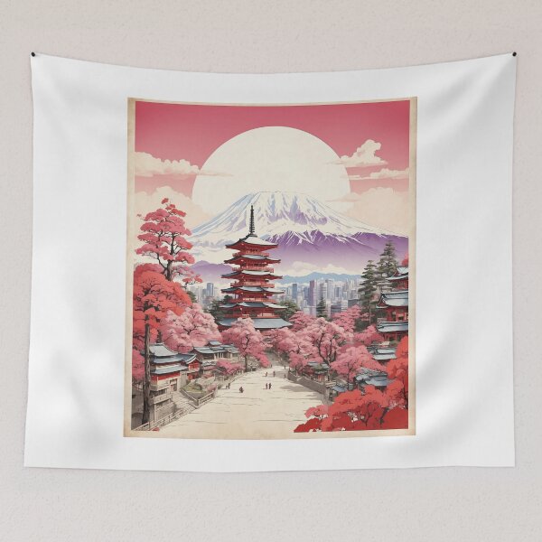 Aperçu de l'œuvre Japon Mont Fuji Cerisiers En Fleurs Affiche Vintage Tourisme créée et vendue par TravelersGems.