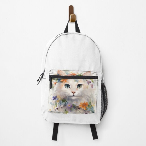 Item preview, White watercolor cat in colorful flower wreath designed and sold by irashpi.