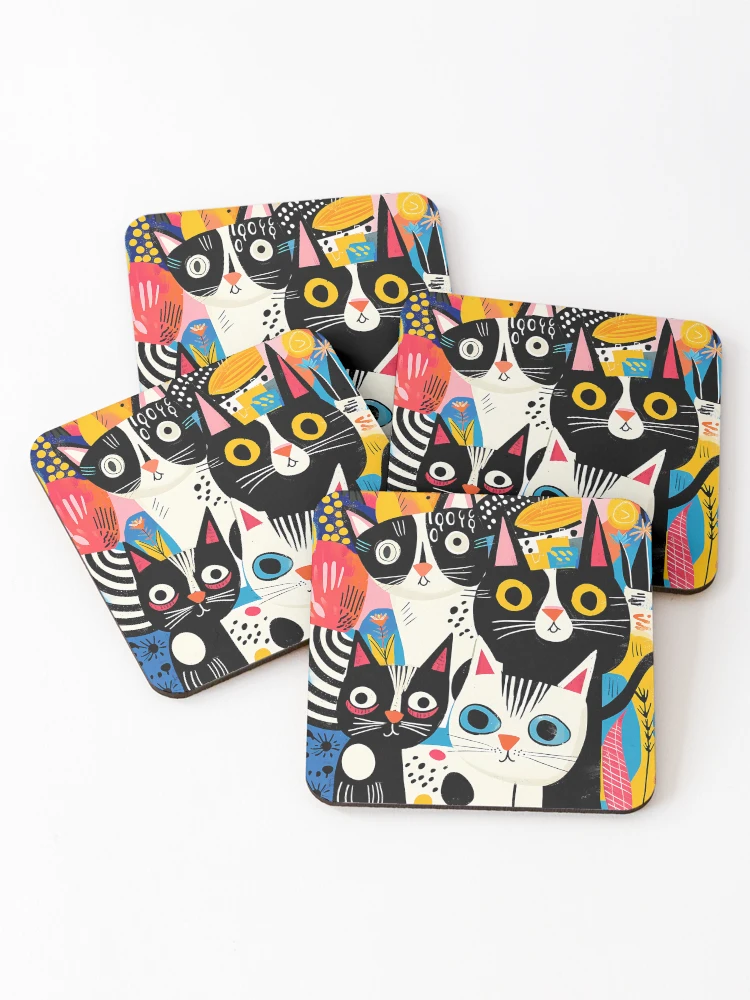 Thumbnail 1 of 5, Coasters (Set of 4), Colorful Cat Pattern designed and sold by NatureStyle555.