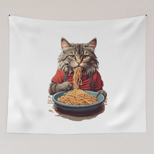 Aperçu de l'œuvre chat mangeant des nouilles spaghetti drôle créée et vendue par Egyptian king ⭐⭐⭐⭐⭐.