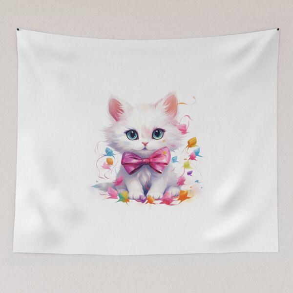 Item preview, Cute white watercolor cat with colorful bow on white background designed and sold by irashpi.