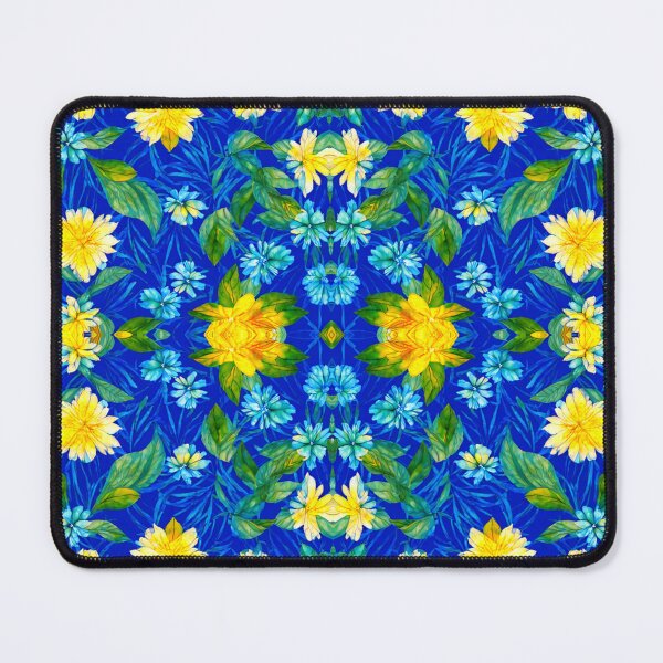 Item preview, Yellow flower centered with green leaves contrasting with blue pattern designed and sold by SimplyConnor.