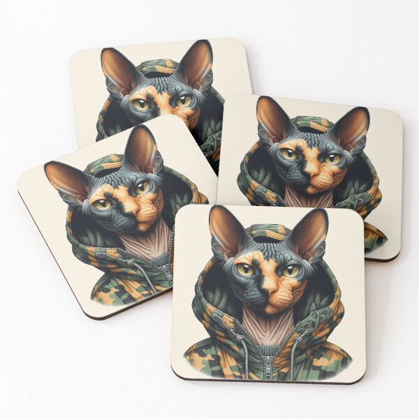 Item preview, Urban Cats #34 - Tortoiseshell Sphynx Cat wearing an urban camo windbreaker designed and sold by elektronen.