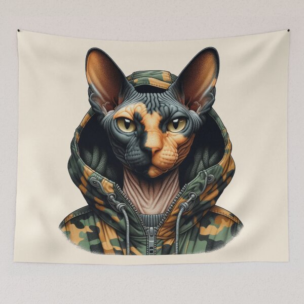Item preview, Urban Cats #34 - Tortoiseshell Sphynx Cat wearing an urban camo windbreaker designed and sold by elektronen.