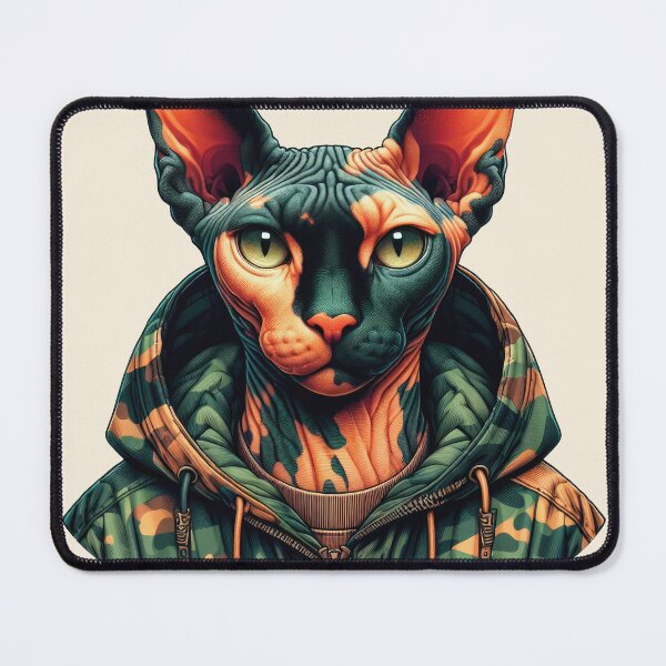 Item preview, Urban Cats #35 - Tortoiseshell Sphynx Cat wearing an urban camo windbreaker designed and sold by elektronen.