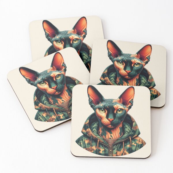 Item preview, Urban Cats #35 - Tortoiseshell Sphynx Cat wearing an urban camo windbreaker designed and sold by elektronen.