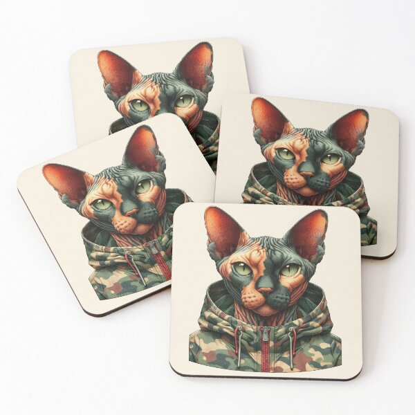 Item preview, Urban Cats #36 - Tortoiseshell Sphynx Cat wearing an urban camo windbreaker designed and sold by elektronen.