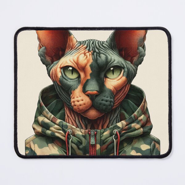 Item preview, Urban Cats #36 - Tortoiseshell Sphynx Cat wearing an urban camo windbreaker designed and sold by elektronen.