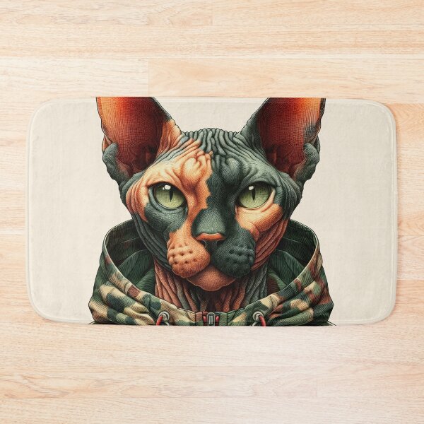 Item preview, Urban Cats #36 - Tortoiseshell Sphynx Cat wearing an urban camo windbreaker designed and sold by elektronen.