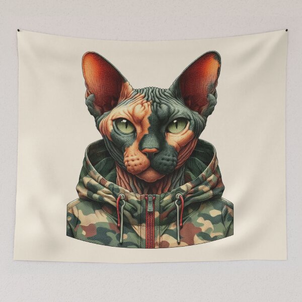 Item preview, Urban Cats #36 - Tortoiseshell Sphynx Cat wearing an urban camo windbreaker designed and sold by elektronen.