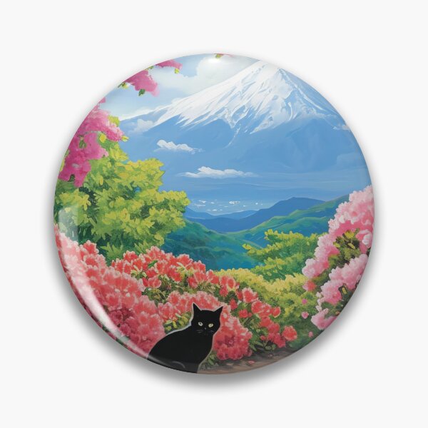 Item preview, Mount Fuji from an Azalea Garden Landscape Black Cat Art designed and sold by Peek-Designs.