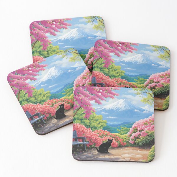 Item preview, Mount Fuji from an Azalea Garden Landscape Black Cat Art designed and sold by Peek-Designs.