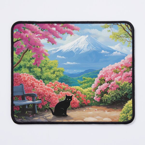 Item preview, Mount Fuji from an Azalea Garden Landscape Black Cat Art designed and sold by Peek-Designs.