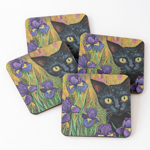Aperçu de l'œuvre Iris Cat Cat Art Floral Print Fun Chat Noir créée et vendue par Peek-Designs.