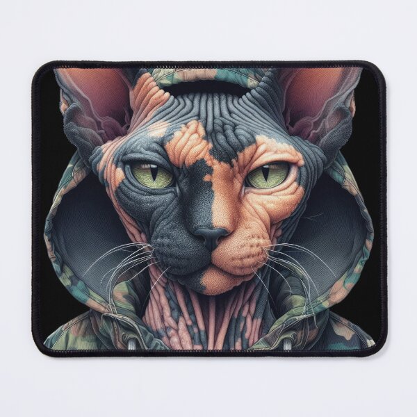 Item preview, Urban Cats #38 - Tortoiseshell Sphynx Cat wearing an urban camo windbreaker designed and sold by elektronen.