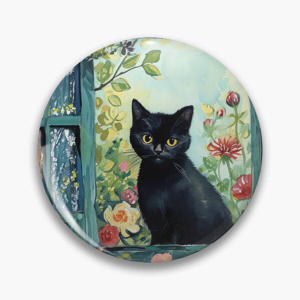 Item preview, Black Cat Open Window Cat Art Floral designed and sold by Peek-Designs.