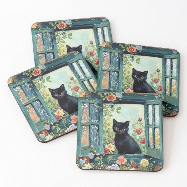 Item preview, Black Cat Open Window Cat Art Floral designed and sold by Peek-Designs.