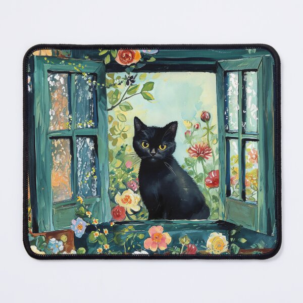 Item preview, Black Cat Open Window Cat Art Floral designed and sold by Peek-Designs.