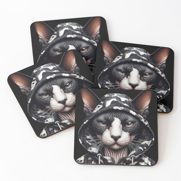 Item preview, Urban Cats #40 - Black & White Tortoiseshell Sphynx Cat wearing an urban Black camo windbreaker designed and sold by elektronen.