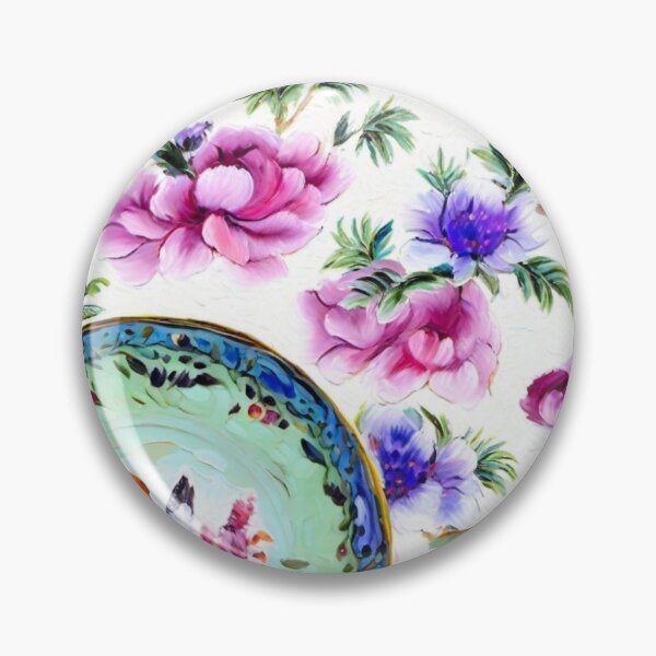 Item preview, Chinoiserie peonies and branches around turquoise Ming plate oil painting designed and sold by SophieClimaArt.