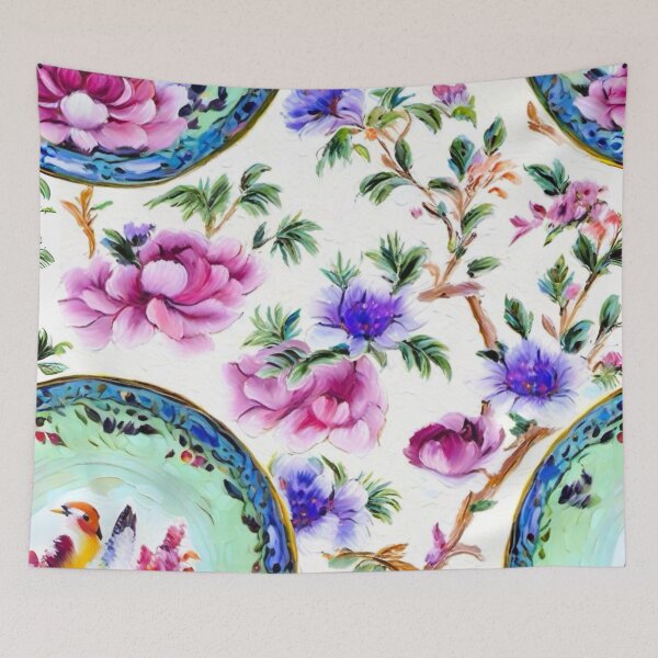 Item preview, Chinoiserie peonies and branches around turquoise Ming plate oil painting designed and sold by SophieClimaArt.