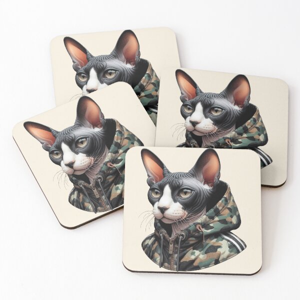 Item preview, Urban Cats #41 - Black & White Tortoiseshell Sphynx Cat wearing an urban Black camo windbreaker designed and sold by elektronen.