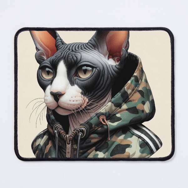 Item preview, Urban Cats #41 - Black & White Tortoiseshell Sphynx Cat wearing an urban Black camo windbreaker designed and sold by elektronen.