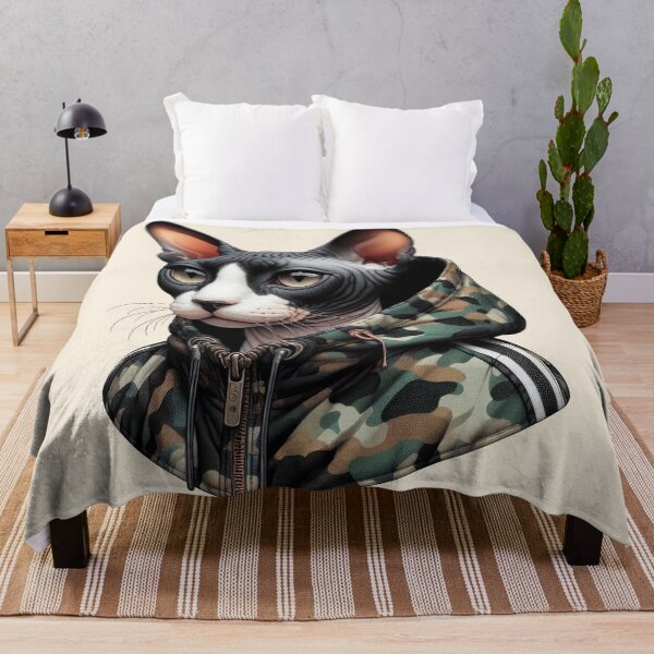 Item preview, Urban Cats #41 - Black & White Tortoiseshell Sphynx Cat wearing an urban Black camo windbreaker designed and sold by elektronen.