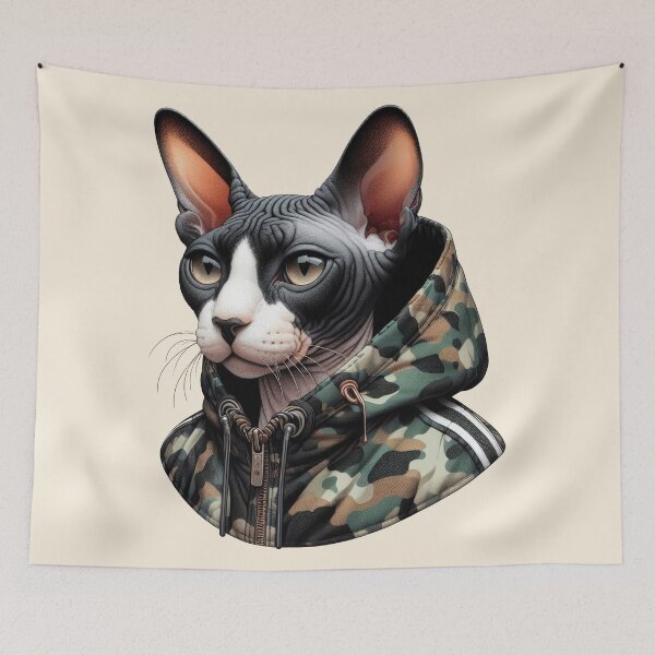 Item preview, Urban Cats #41 - Black & White Tortoiseshell Sphynx Cat wearing an urban Black camo windbreaker designed and sold by elektronen.