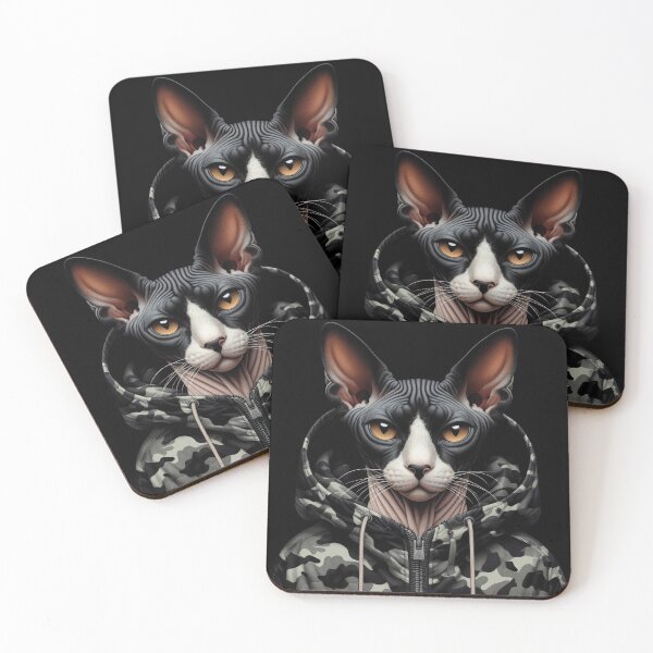 Item preview, Urban Cats #42 - Black & White Tortoiseshell Sphynx Cat wearing an urban Black camo windbreaker designed and sold by elektronen.