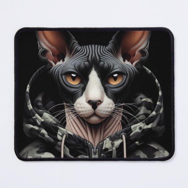 Item preview, Urban Cats #42 - Black & White Tortoiseshell Sphynx Cat wearing an urban Black camo windbreaker designed and sold by elektronen.
